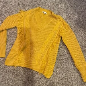 Yellow V-Neck Sweater with Fringe Detail